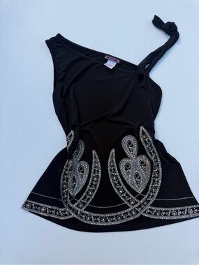 Y2k vintage Black One-Shoulder Beaded Top
